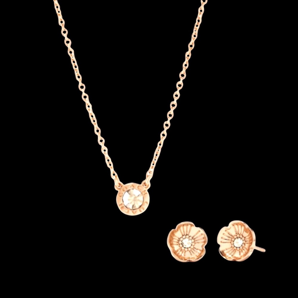 NEW Coach Open Circle Necklace & Tea Rose Stud Earrings  Style C6604 Rose Gold - Picture 4 of 12